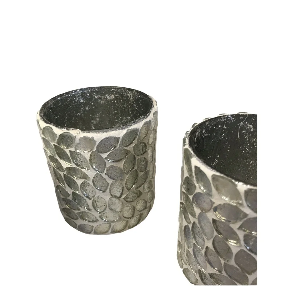 Votive Candle Holders Set 3 Silver Leaf Mosaic Glass Decor 3 1/2" X 3" - Picture 8 of 9